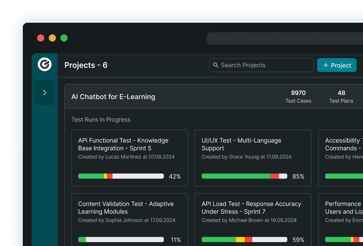 Dark TestCaseLab Projects dashboard showing project counts and test run progress.